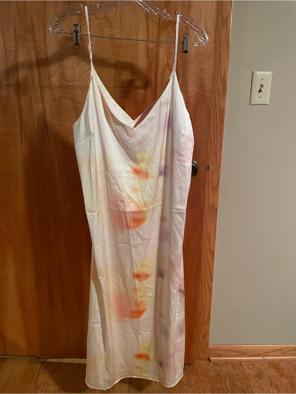 Cowl Neck Slip Midi Dress in White with Pastel Orange Accents